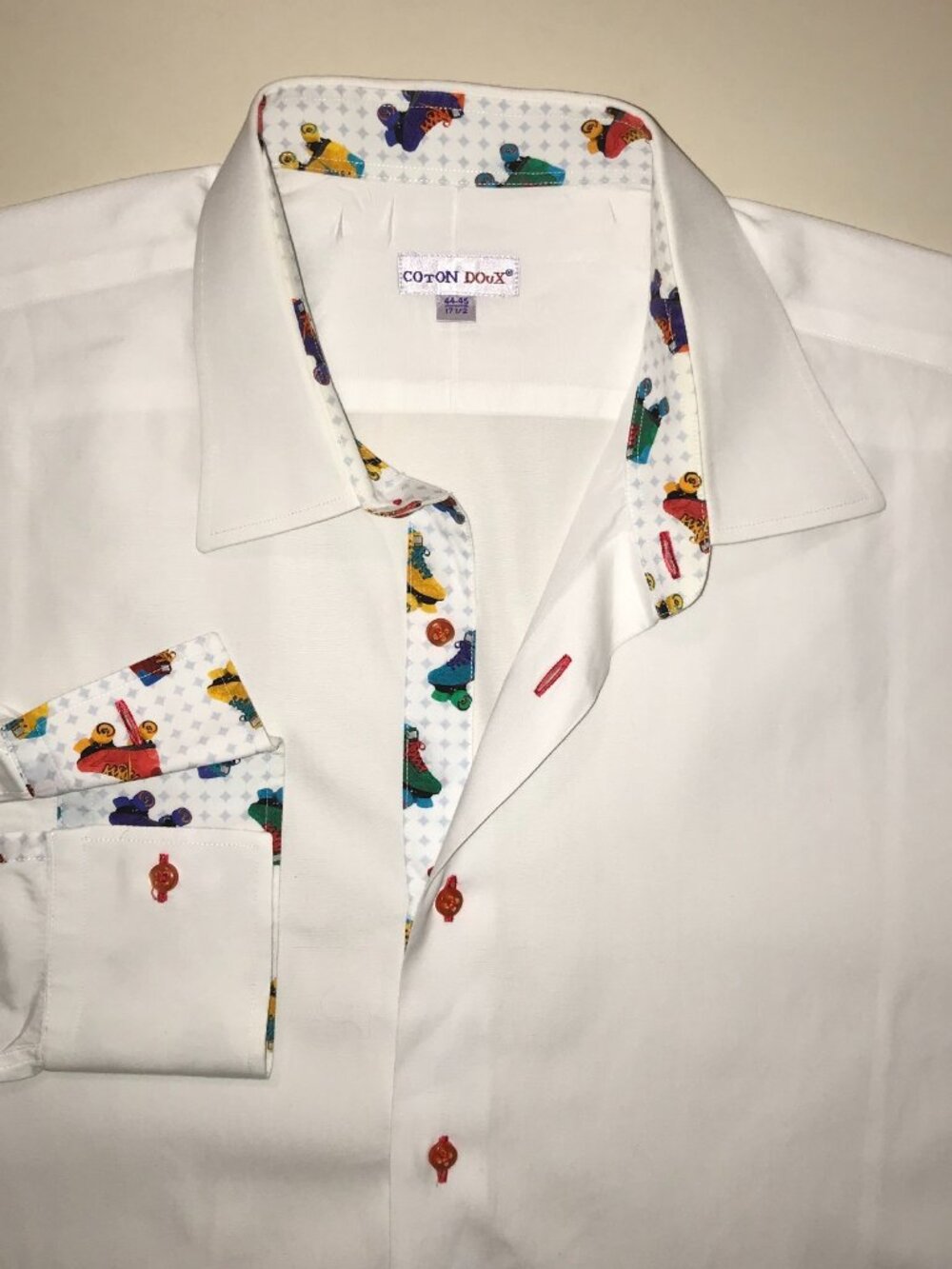 Men's Coton Doux Long Sleeve Button Dress Shirt-White/Roller Skates-Size: 17 1/2